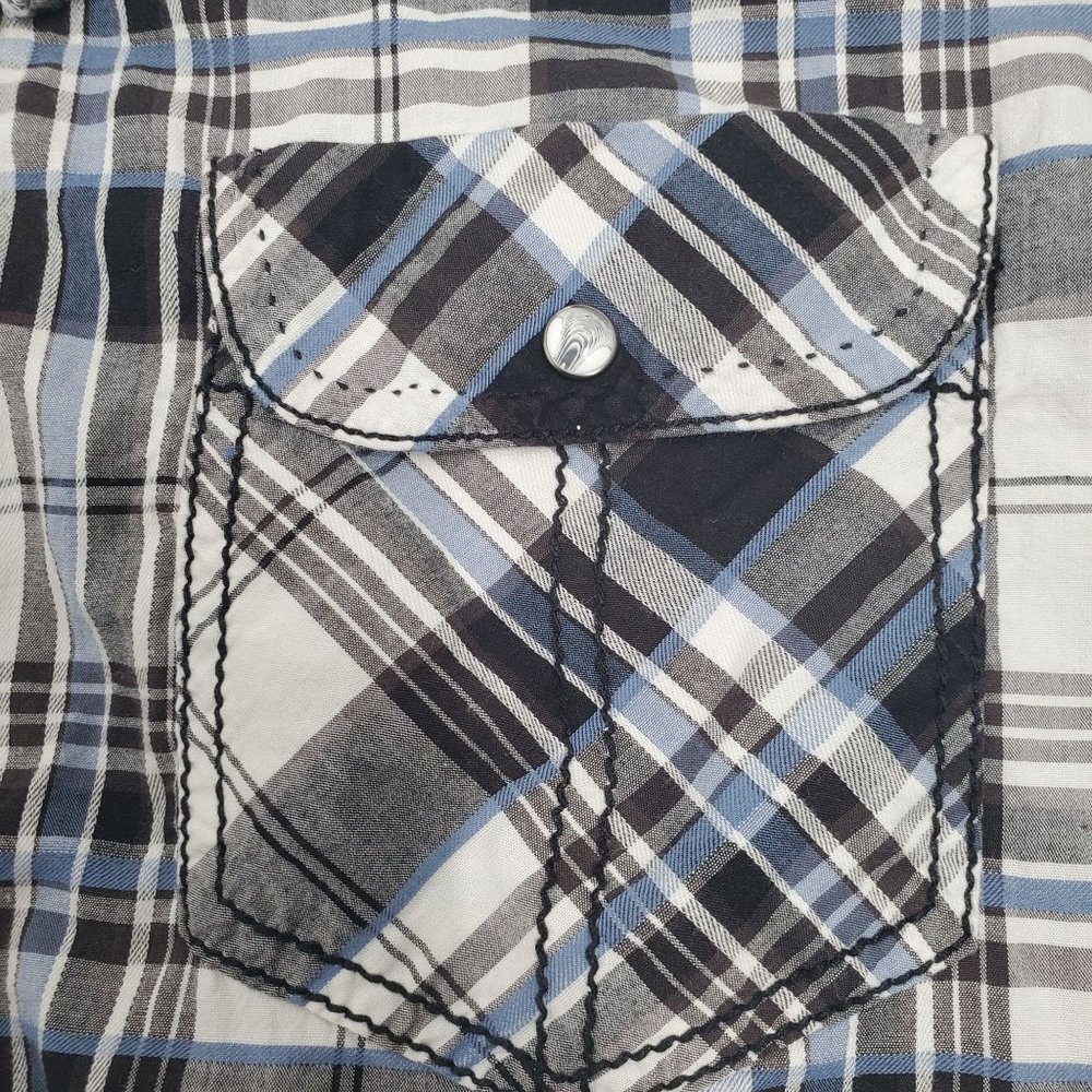 BKE Men's Slim Fit Stretch Blue/Gray Plaid Snap Front Long Sleeve Shirt X-Large - Picture 8 of 12